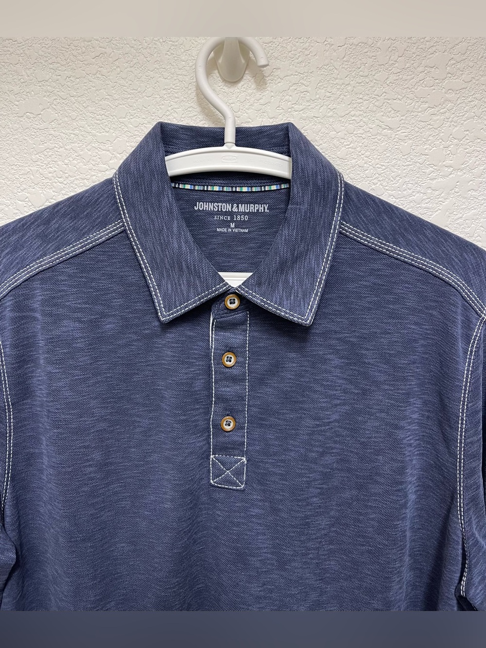 JOHNSTON & MURPHY Men's Navy Vintage Slub Long Sleeve Polo Shirt Size M - Picture 3 of 5